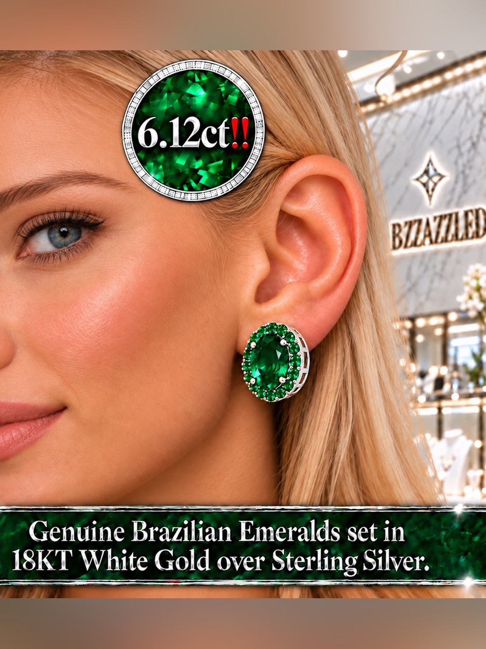 6.12ct Emerald Earrings set on 18KT Electroplated White Gold on Sterling Silver